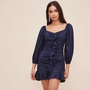 ASTR Women's Navy Sweetheart Ruffle Ruched Front Balloon Sleeves Mini Dress XL